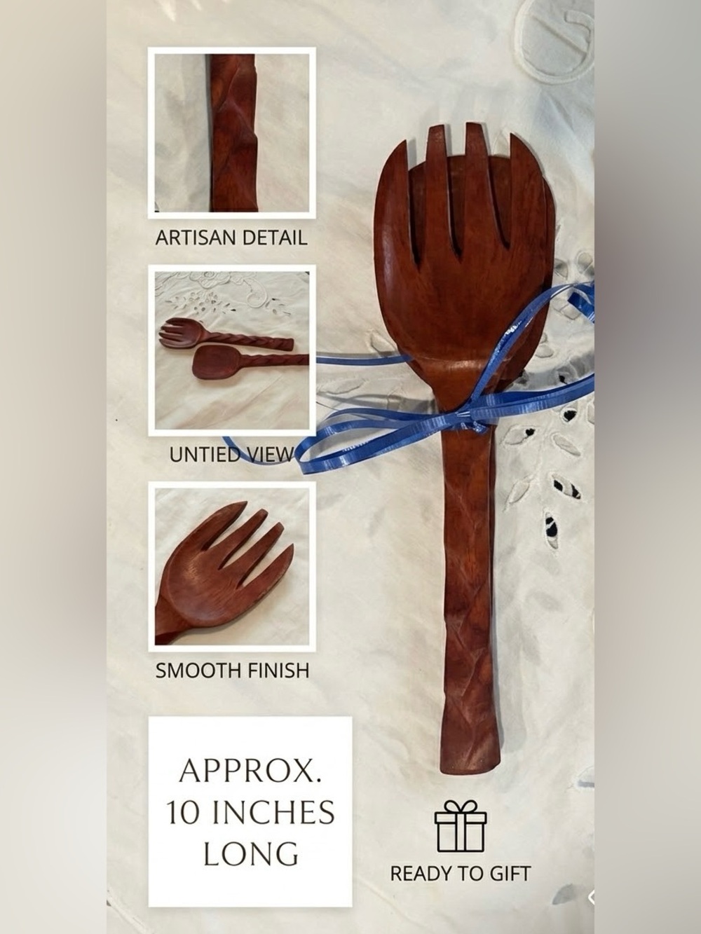 Artisan Carved Wooden Salad Fork & Spoon Set Rustic Boho Serveware